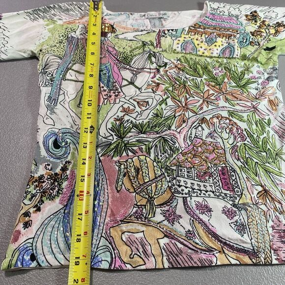 CAREN BROOK Top Beaded 3/4 Sleeve Artsy Watercolor Foliage Horse Blouse Womens L - Picture 6 of 12